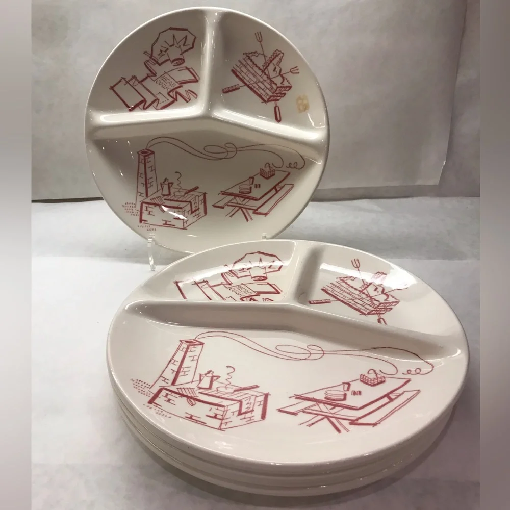 RARE Vintage 1950s Royal China BBQ Divided Plates Red MCM Set of 2